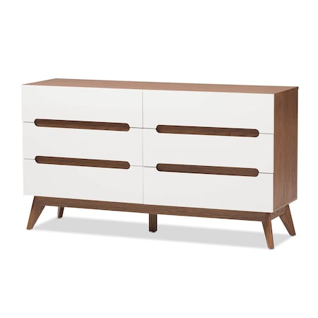 Baxton Studio Calypso Mid-Century White and Walnut Wood 6-Drawer Storage Dresser 137-7502